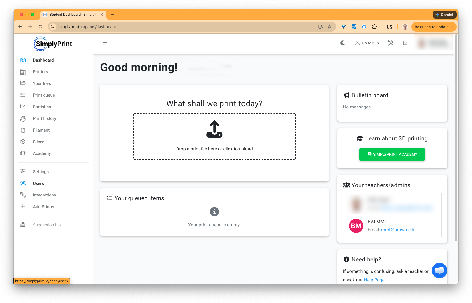Screenshot of the SimplyPrint dashboard